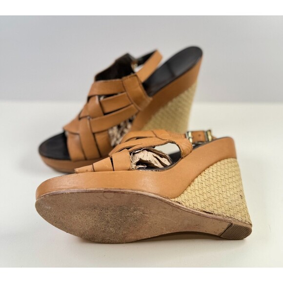 Tory Burch Tan Leather Woven Wedge Sandals - Picture 5 of 8